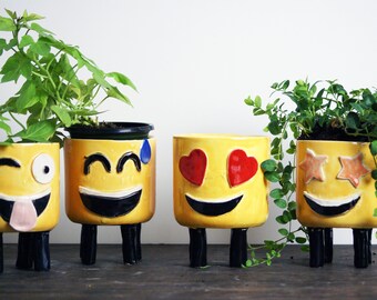 Emoji Ceramic Planters | Handmade Unique Silly Plant Pots, Smiley Planters