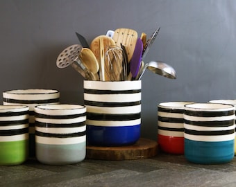 Ceramic Striped Utensils Holder | Handmade Vase and Kitchen Storage Jar