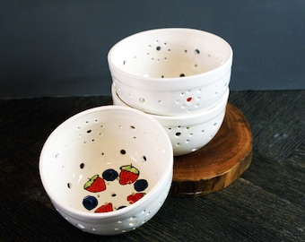 Handmade Ceramic Berry Bowl | Hand-painted Fruit Strainer