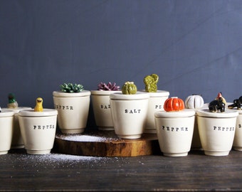 Handmade Ceramic Salt and Pepper Cellar with Figurine Lid