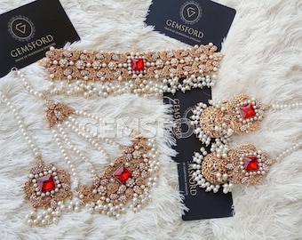 Gold Plated Bridal Jewellery Set, Indian Pakistani New Design | Chokar, Earrings, Tikka Jhomar - Indian Kundan Jewellery, Pakistani Bridal