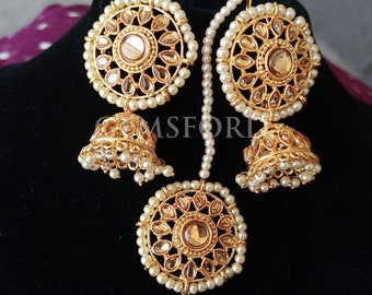 Jhumka Earrings Tikka Set, Indian jewelry Pakistani jewelry, bridal Earrings Tikka Set, Bridal jewelry, UK - USA, Zircon Jhumka Tikka Set