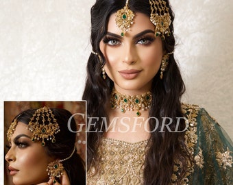 Nuevo conjunto de joyería bengalí pakistaní india, joyería nupcial chapada en oro, Chokar, Jhumar, Tikka, pendientes/Jhumka, joyería pakistaní india