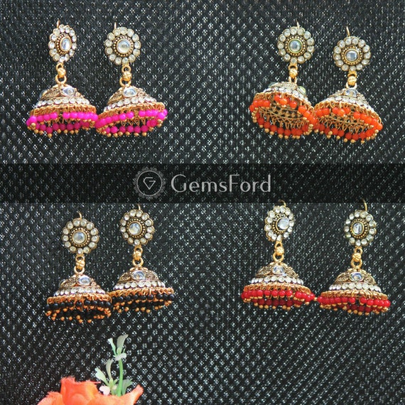 New Indian Pakistani Bollywood Gold Dangle Jhumka Earrings Jhumki Jewellery