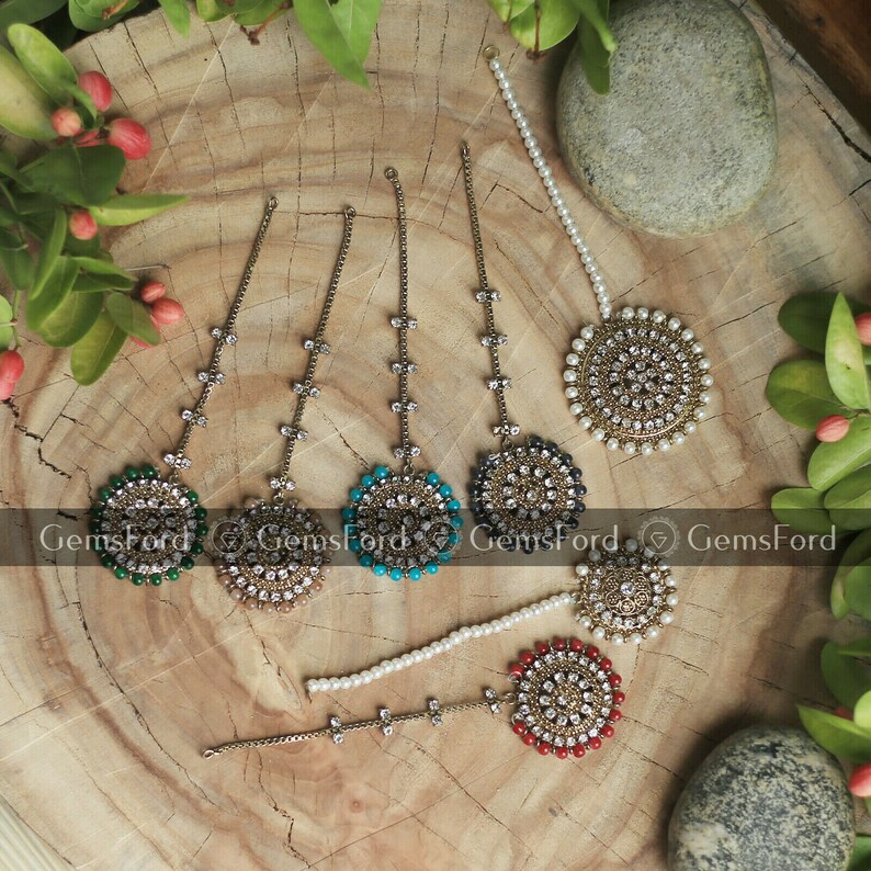Pakistani Jewellery Antique Design Tikka Jhumar Hair Chain Bridal fashion Indain Jewellery