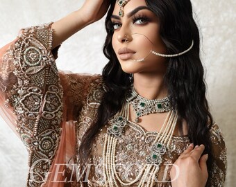 Handmade Indian Bridal Jewelley - Pakistani Jewellery - Gold Plated Jewellery Set Choker Earrings Tika Jhumar Hyderabadi Pearls Wedding