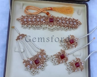 Gold Plated Bridal Jewellery Set, Indian Pakistani New Design | Chokar, Earrings, Tikka Jhomar - Pakistani Jewellery, Indian Jewellery, UK