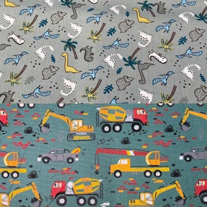 Cotton fabric, pattern for boys, dinos in mini green or construction vehicles in green