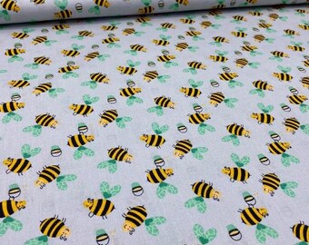 Baumwollstoff, geometrisches Muster, Bienen auf hellgrauem Hintergrund