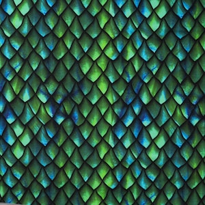 Könnte beinhalten: Grüner und blauer Stoff mit Drachenschuppenmuster. Die Schuppen sind in einem sich wiederholenden Muster angeordnet, wodurch ein strukturierter Look entsteht.