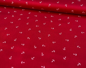 Baumwollstoff,  Maritimes Muster mit Anker, rot und weiß