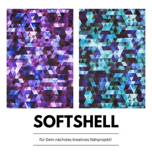 Softshell-Stoff mit geometrischem Muster- 10,50 Euro pro 0,5 Meter (lila, blau), wasserabweisend,  eignet sich ideal für Outdoor Bekleidung