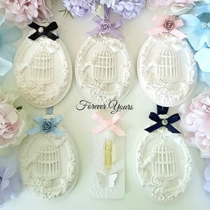 Birdcage design scented hanging room diffuser. Includes free complimentary vial of fragrance oil & gift box. In a choice 5 ribbon colours.
