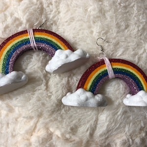 gay pride LGBTQ+ repurposed miniature wooden dollhouse rainbow oversized dangle earrings!! :)