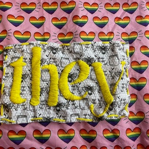 bees & honey &quot;they&quot; yellow lettering nonbinary pronoun patch w/ finished edges!! :)