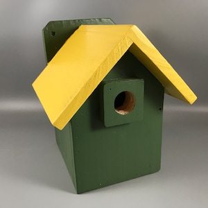 Wren, Chickadee Birdhouse, Nest box, Yellow Roof over Dark Green   (Item #261 - 9 inches Tall x 8   Wide x 8   Deep OD)