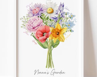 Custom Birth Flower Bouquet Print with Names: Personalized Watercolor Family Art - Mother's Day Gift