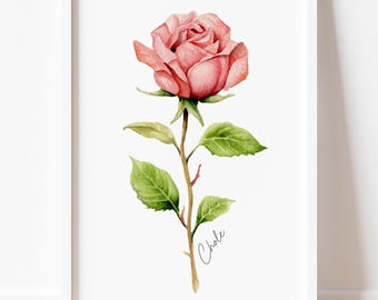Custom June Birth Flower Print - Watercolor Rose - Personalized Floral Artwork