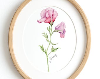 Impresión personalizada de flores de abril - Regalo floral de acuarela de guisante de olor personalizado - Descarga digital