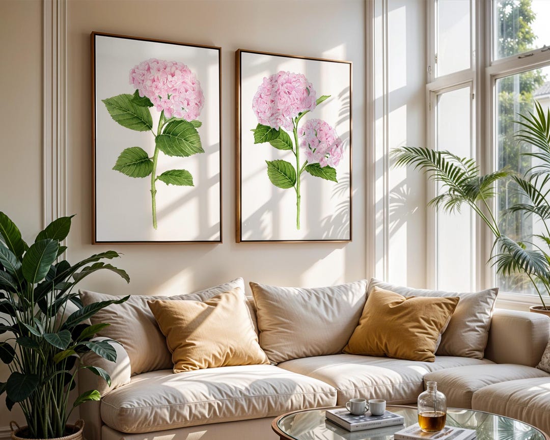 Set of 2 Pink Hydrangea Flower Prints – Botanical Watercolor Wall Art ...