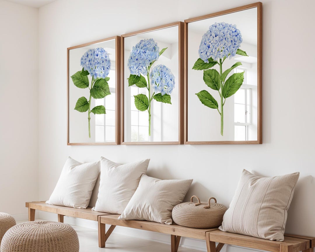 Set of 3 Blue Hydrangea Flower Prints – Botanical Watercolor Wall Art ...