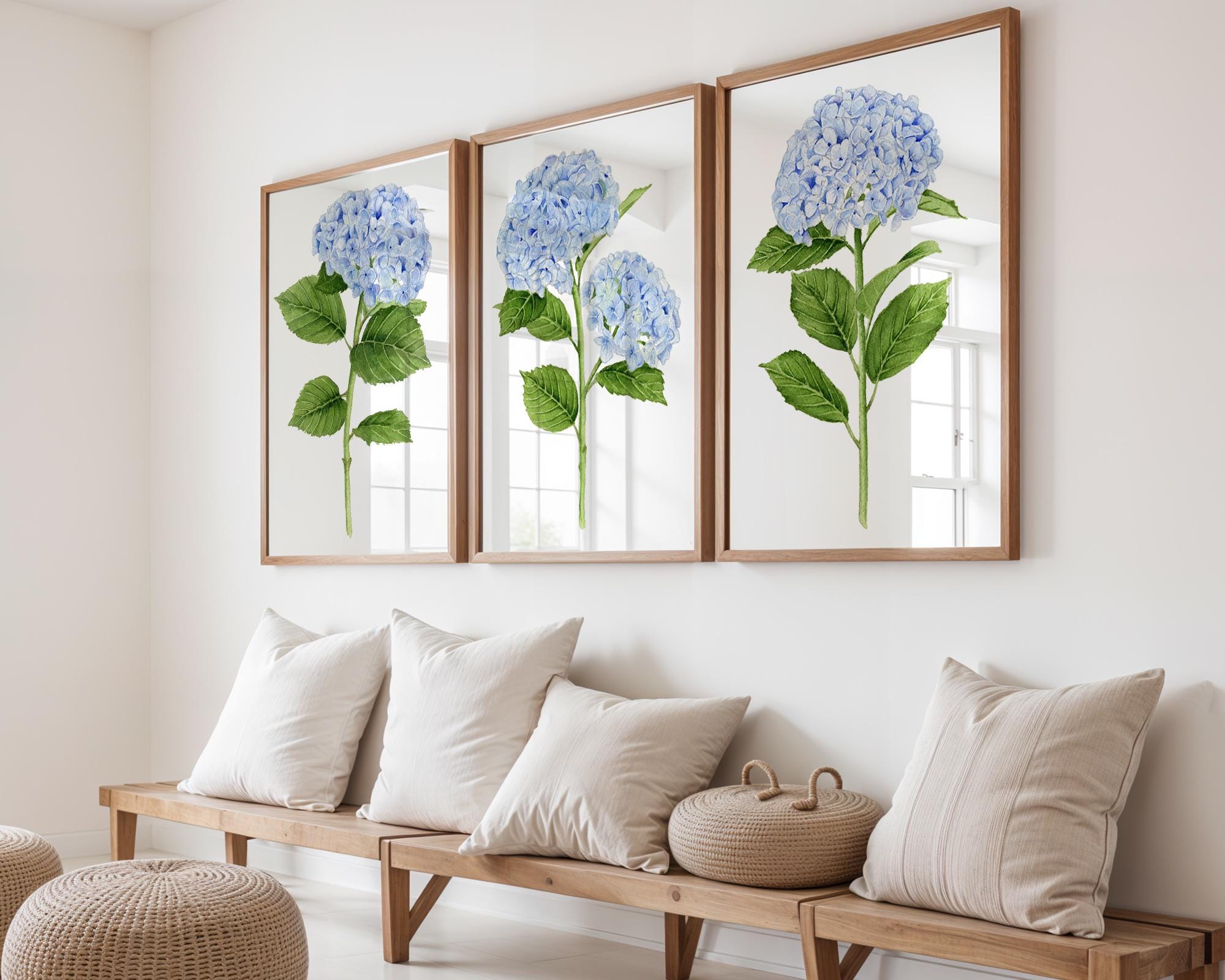 Set of 3 Blue Hydrangea Flower Prints – Botanical Watercolor Wall Art ...