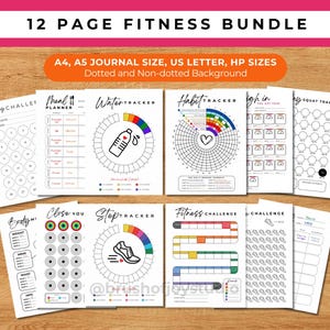 Bundel met 12 pagina's fitnesstracker - AFDRUKBARE dagboekpagina, gezondheidstracker, Bullet Journal invoegen, afdrukbare plannerpagina, maandelijkse tracker