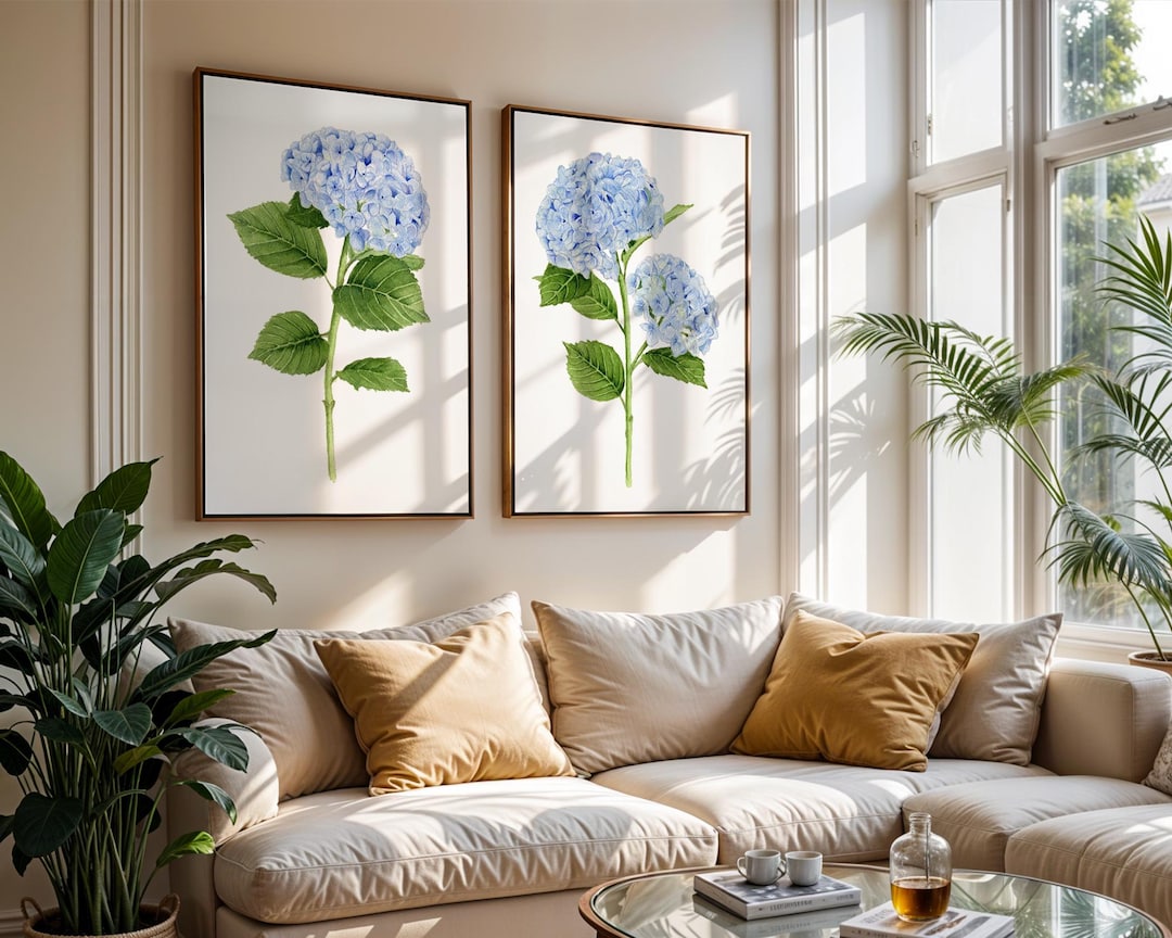 Set of 2 Blue Hydrangea Flower Prints – Botanical Watercolor Wall Art ...