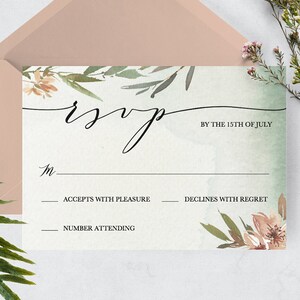 Modèle de carte Boho RSVP, carte RSVP de verdure aquarelle, carte de réponse de mariage modifiable, mariage Boho, carte postale RSVP
