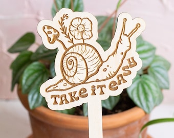 Take it Easy Snail Plant Stake, Plant Markers, Garden Decor, Plant Accessories, Wooden Plant Stake, Wood Plant Pick, Garden Plant Decor