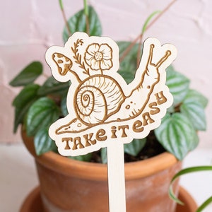Take it Easy Snail Plant Stake, Plant Markers, Garden Decor, Plant Accessories, Wooden Plant Stake, Wood Plant Pick, Garden Plant Decor