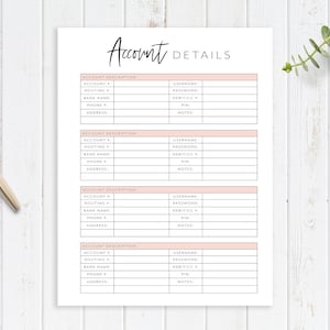 Account Details Printable Planner Page, Finance Planner, Password Tracker, Savings Tracker, Budget Planner, Planner Insert, A4, A5, USLetter