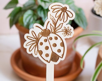 Ladybug Plant Stake, Plant Markers, Garden Decor, Plant Accessories, Wooden Plant Stake, Wood Plant Pick, Garden Plant Decor