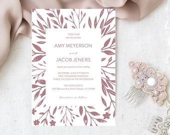 Blush Floral Wedding Invitation, Botanical Wedding Invitation Template, Printable Wedding Invitation, Downloadable Wedding Invitation