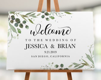 Greenery Wedding Welcome Sign, Printable Welcome Sign Wedding, Calligraphy Welcome Sign, Welcome to our Wedding Sign Template