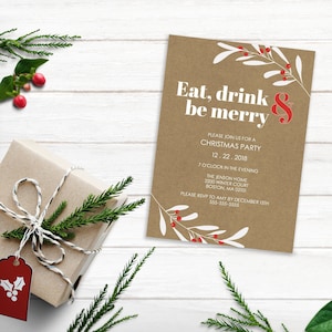 Eat, Drink & Be Merry Invitation, Christmas Party Invitations, Christmas Card, Holiday Party Invitations, Christmas Printable