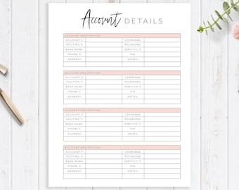 Account Details Printable Planner Page, Finance Planner, Password Tracker, Savings Tracker, Budget Planner, Planner Insert, A4, A5, USLetter