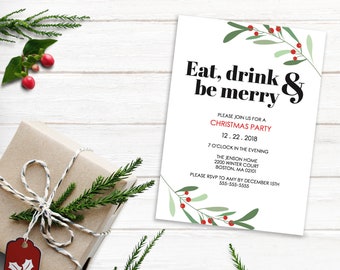 Eat, Drink & Be Merry Invitation, Christmas Party Invitations, Christmas Card, Holiday Party Invitations, Holiday Card