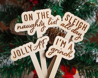 Funny Christmas Plant Stakes, Plant Markers, Garden Stakes, Plant Accessories, Funny Plant Marker, Wooden Plant Stakes, Christmas Plant Gift