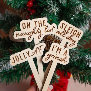 Funny Christmas Plant Stakes, Plant Markers, Garden Stakes, Plant Accessories, Funny Plant Marker, Wooden Plant Stakes, Christmas Plant Gift