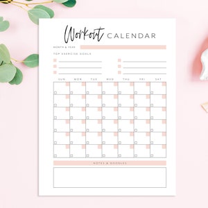 May include: A printable workout calendar with a pink and white color scheme. The calendar has spaces for each day of the week and a section for notes and doodles.