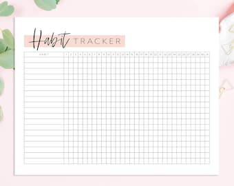 May include: A printable habit tracker with the text "Habit Tracker" at the top. The tracker has a column for the habit and 31 columns for each day of the month.