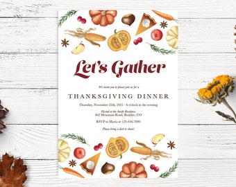 Thanksgiving diner uitnodiging, Friendsgiving uitnodiging sjabloon, afdrukbare Thanksgiving uitnodiging, bewerkbare Thanksgiving uitnodiging