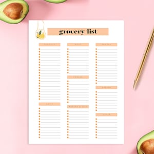 May include: A printable grocery list with sections for produce, meat, pantry, frozen, baking, dairy, bakery & deli, and other. The list has checkboxes next to each line item. The list is on a white background with a peach colored header that says "grocery list".