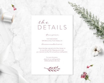 May include: A white wedding details card with the text "the DETAILS" in a burgundy font. The card includes the reception location, "THE TIDES ESTATE", the address, "1245 Belmont Ave, North Haledon, NJ", and accommodations information. The card also includes a small burgundy leaf design.