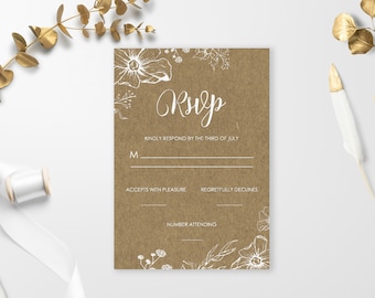 Wedding RSVP Card Template, Editable Wedding Response Card, Digital Download, Rustic RSVP Cards, Rustic Wedding, Floral RSVP Card
