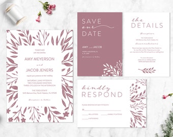 Blush Wedding Invitation Set, Downloadable Wedding Invitation, Botanical Wedding Invitation Template, Digital Download, Floral Wedding