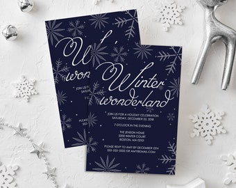 May include: A navy blue invitation with silver snowflakes and the text "Heon Winter Wonderland" with details for a holiday celebration on December 22, 2018 at 7 o'clock in the evening.