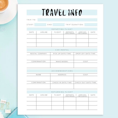 Travel Info Planner Page, Travel Planner Printable, Vacation Planner Page, Trip Planner, Travel Itinerary, Planner Insert, A4, A5, US Letter