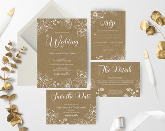 Vintage Hochzeitseinladungs-Set, druckbare Hochzeitseinladungsvorlage, rustikale Hochzeitseinladung, Blumeneinladung, digitaler Download